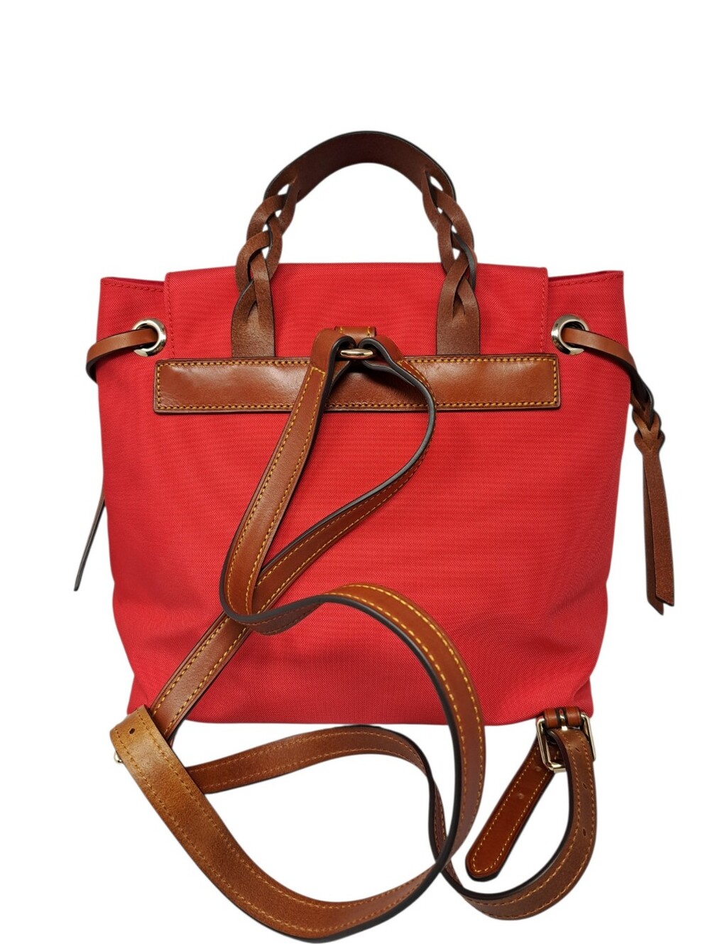 Dooney & Bourke Red Nylon and Tan Leather Flap Backpack Bag - Picture 3 of 9
